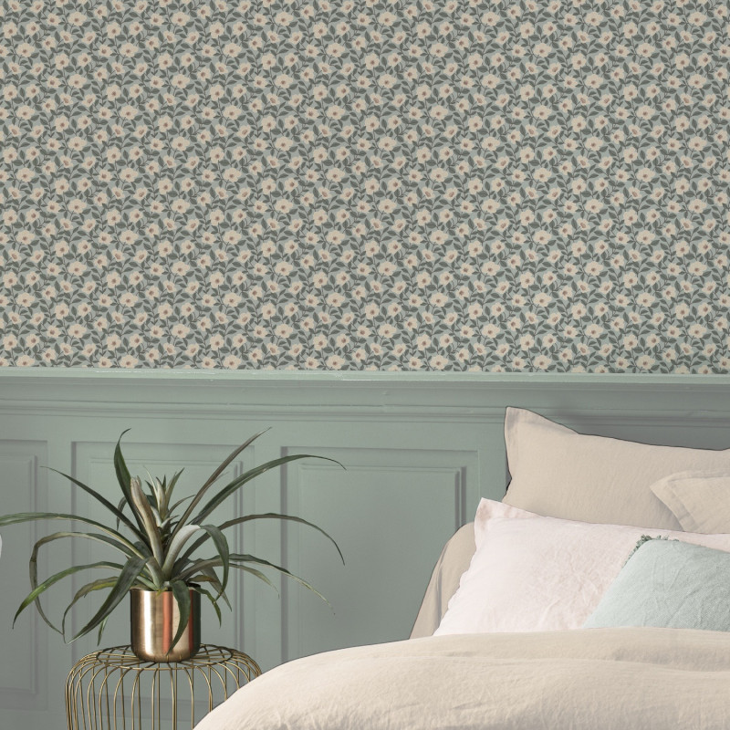 Papier peint intissé romantique LIBERTA bleu vert et rose poudré- Rasch 689808