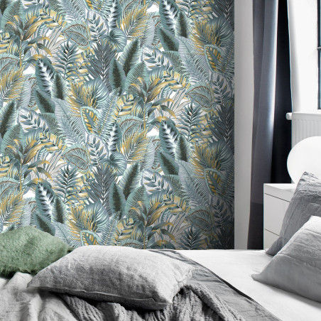 Papier peint intissé tropical PAOLA bleu et jaune - Rasch 833997