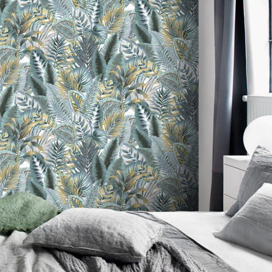 Papier peint intissé tropical PAOLA bleu et jaune - Rasch 833997