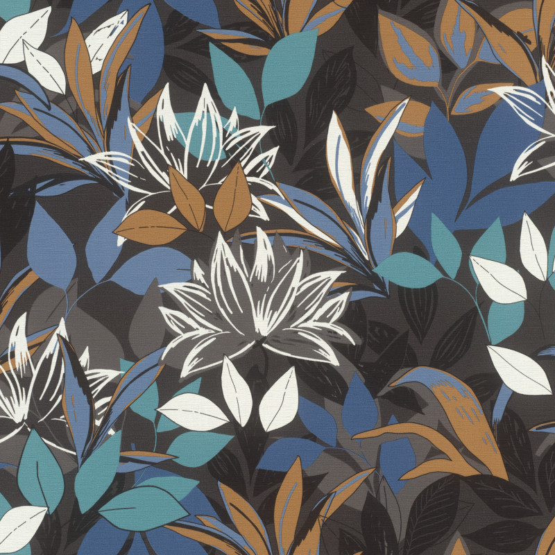 Papier peint vinyle intissé fleurs PAMPA bleu et camel - Rasch 692303