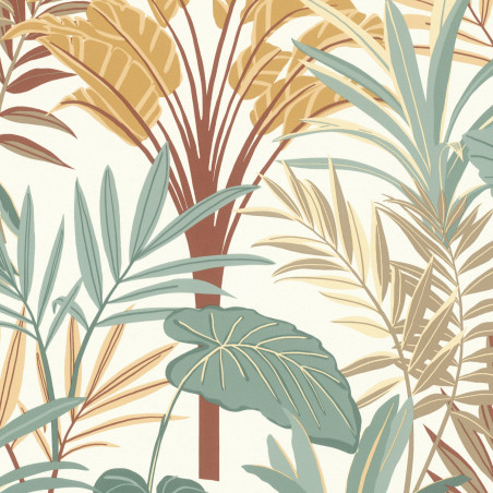 Papier peint vinyle intissé JUNGLE vert et moutarde - Rasch 691610