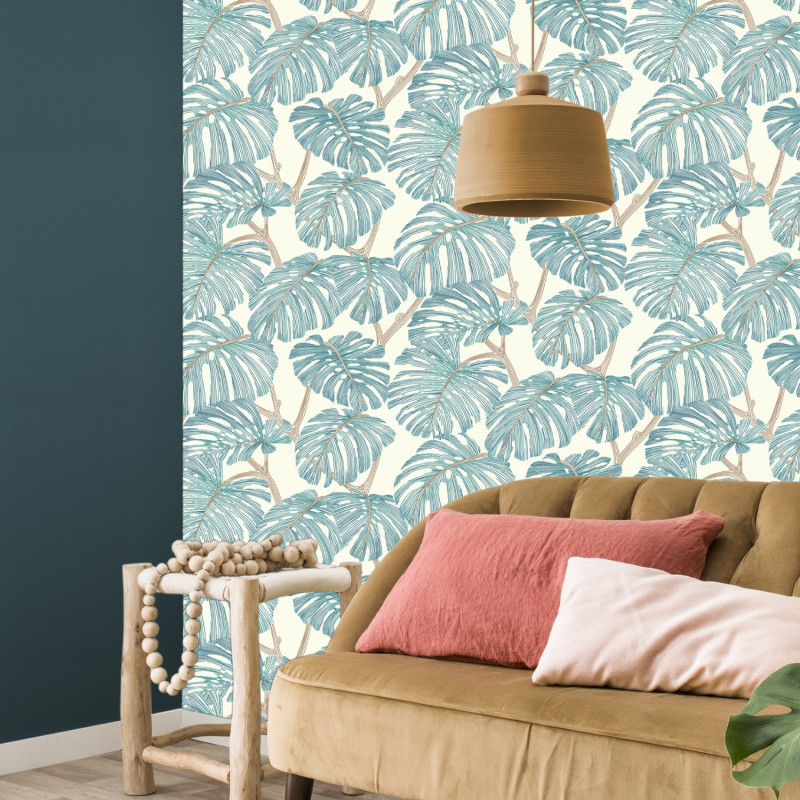 Papier peint vinyle intissé fleurs PHILO BRODE turquoise - Rasch 692112