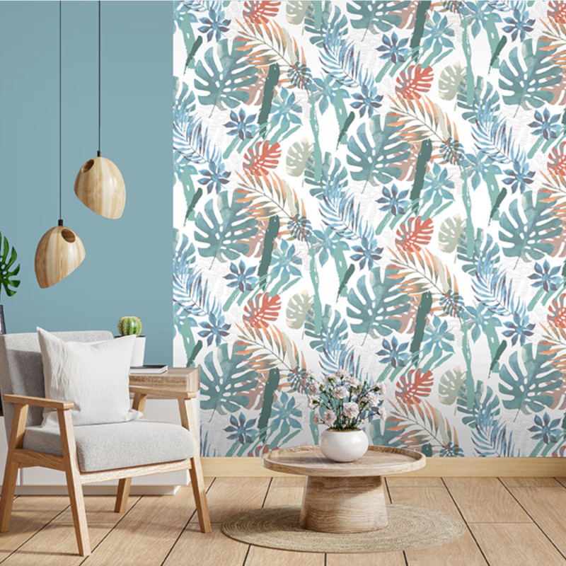 Papier peint Palme Tropicale bleu, vert et orange - IMPRIM'LUXE  - Ugepa - L67521