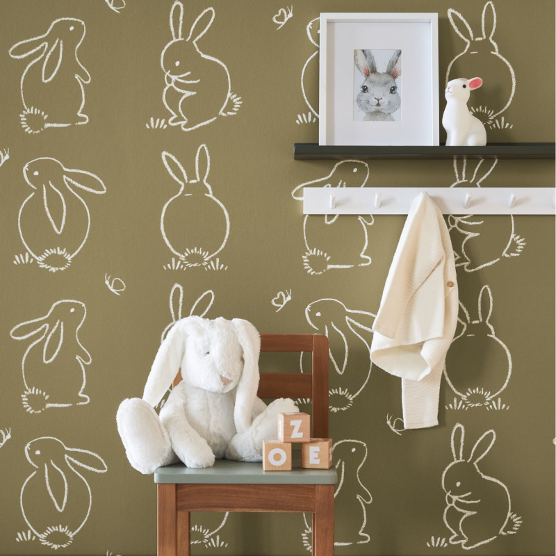 Papier Peint intissé Funny Bunny vert kaki - ONCE UPON A TIME - Casadeco - OUAT88387526