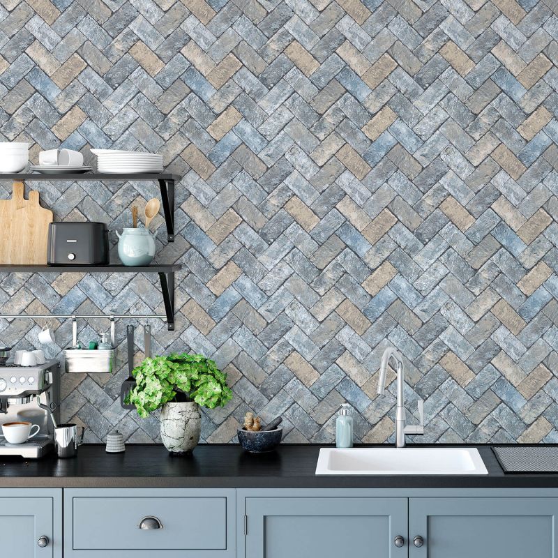 Papier Peint Brique chevron gris bleuté - CUISINE FRAICHEUR - LUTÈCE - G45425