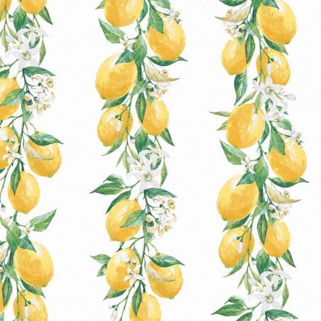 Papier Peint Rayure citron et fleur fond blanc - CUISINE FRAICHEUR - LUTÈCE - G45441