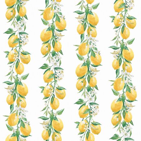 Papier Peint Rayure citron et fleur fond blanc - CUISINE FRAICHEUR - LUTÈCE - G45441