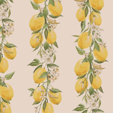 Papier Peint Rayure citron et fleur fond beige - CUISINE FRAICHEUR - LUTÈCE - G45440