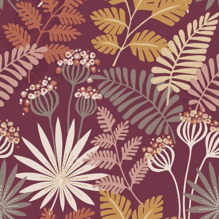 Papier Peint intissé Herbier Tropical Naïf bordeaux - HAPPY - LUTÈCE - FD26449