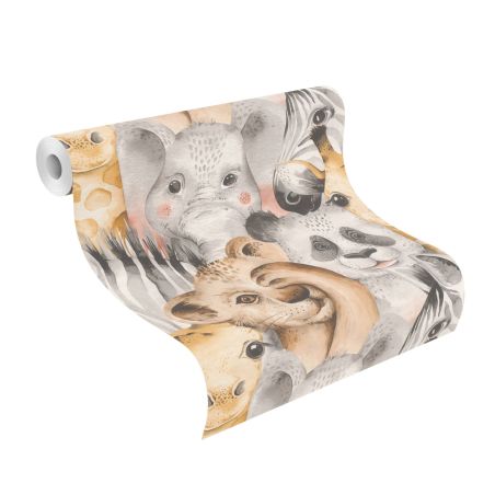 Papier peint intissé Doudou du Zoo gris et beige - Bambino XIX - Rasch - 252521