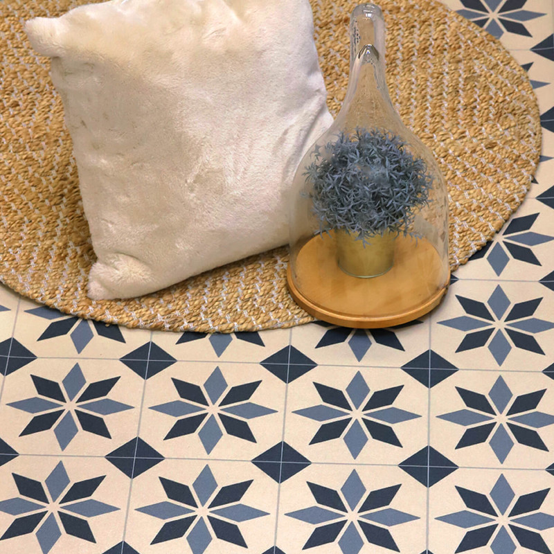 Sol PVC - Scottsdale 199M carreaux beige / bleu marine - Retro -Tex BEAUFLOR - rouleau 3M