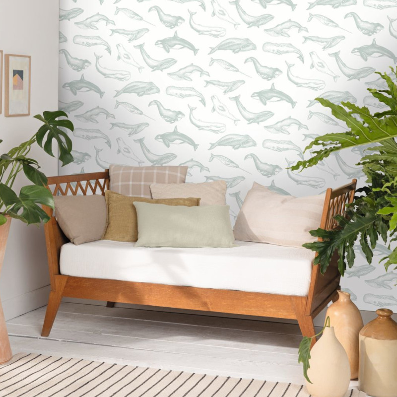 Papier peint Whale Done vert d'eau - SEA YOU SOON - Caselio - SYO102797010