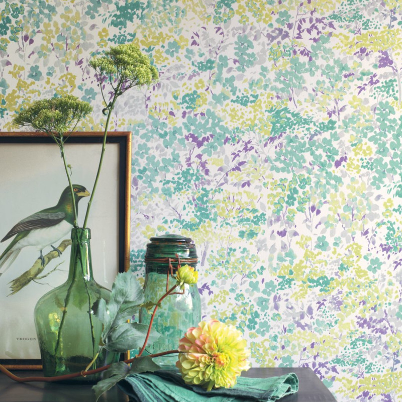 Papier peint Huntington floral turquoise et vert - Florescence - Casadeco - FLRE82377338