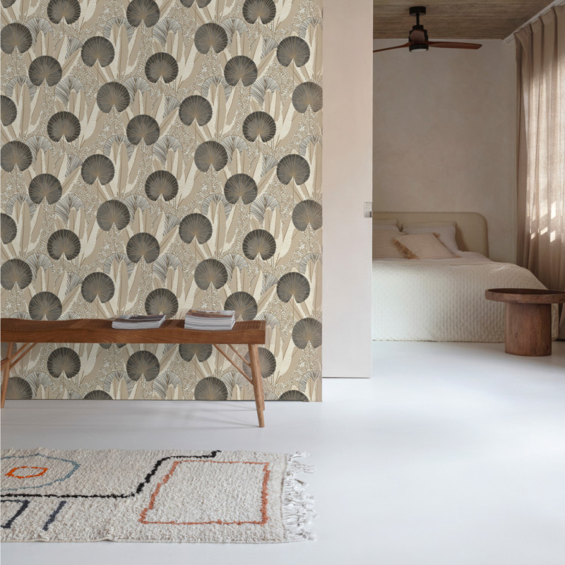 Papier peint vinyle sur intissé Palmes beige et noir - Life - Grandeco - 205304