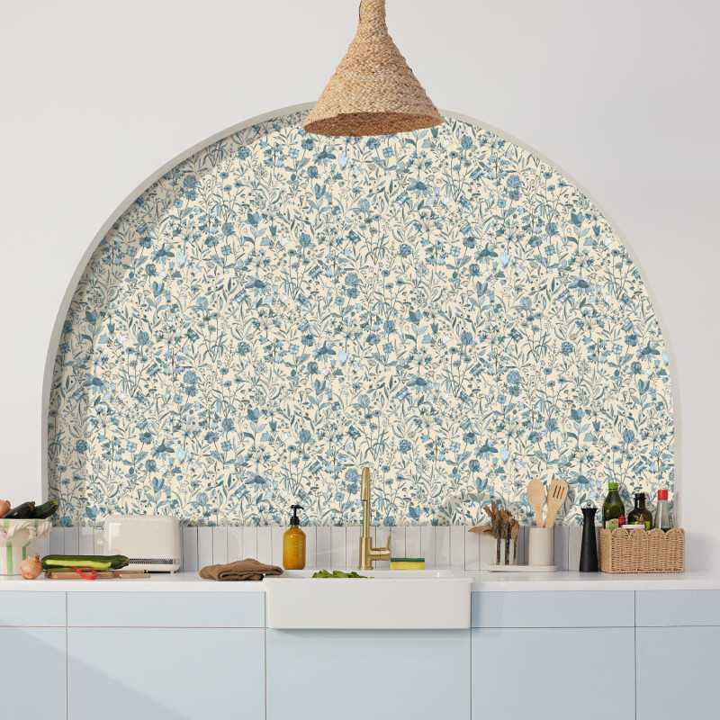Papier peint vinyle sur intissé Jardin de Giverny bleu porcelaine - Art Of Botany - Caselio - AOB103001612