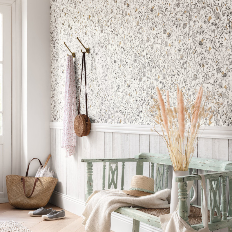 Papier peint vinyle sur intissé Jardin de Giverny blanc et or - Art Of Botany - Caselio - AOB103000215