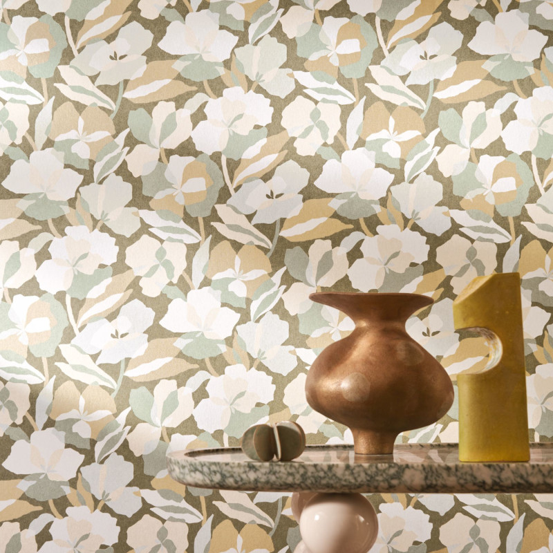 Papier peint intissé Amaryllis sauge et nacré - Jardin Félicia - Casamance - 76580712