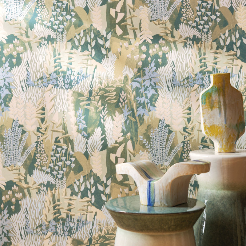 Papier peint intissé Erica sauge et lilas - Jardin Félicia - Casamance - 76570100