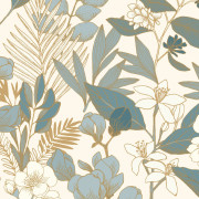 Papier peint intissé Lovely Field Teal blue doré fond blanc- Blue Shades - Caselio - BLS102656260